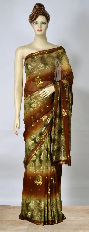 Rust and Green Saree with Sequins Work