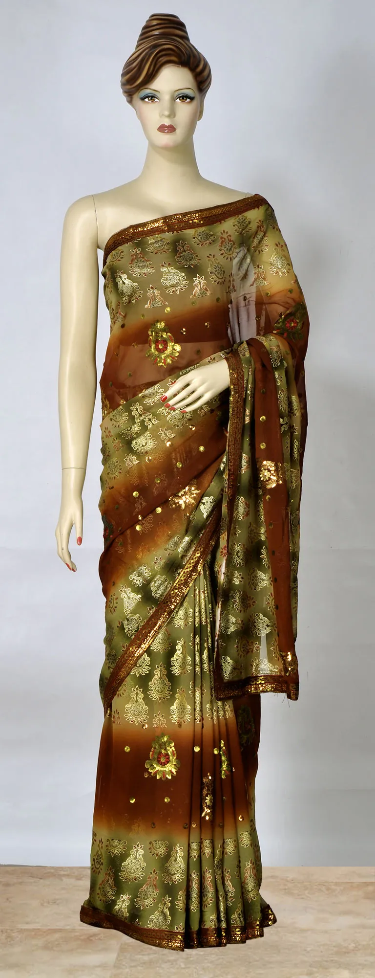 Rust and Green Saree with Sequins Work