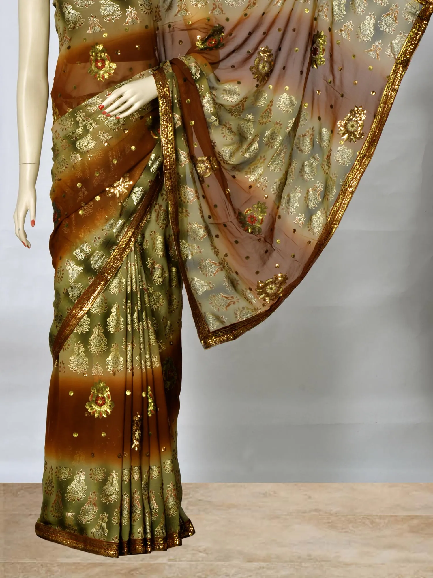 Rust and Green Saree with Sequins Work