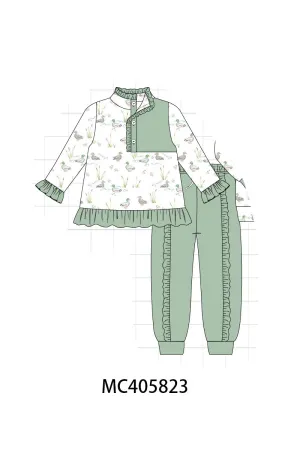 Sage Duck Print Girl Jogger Ruffle Set