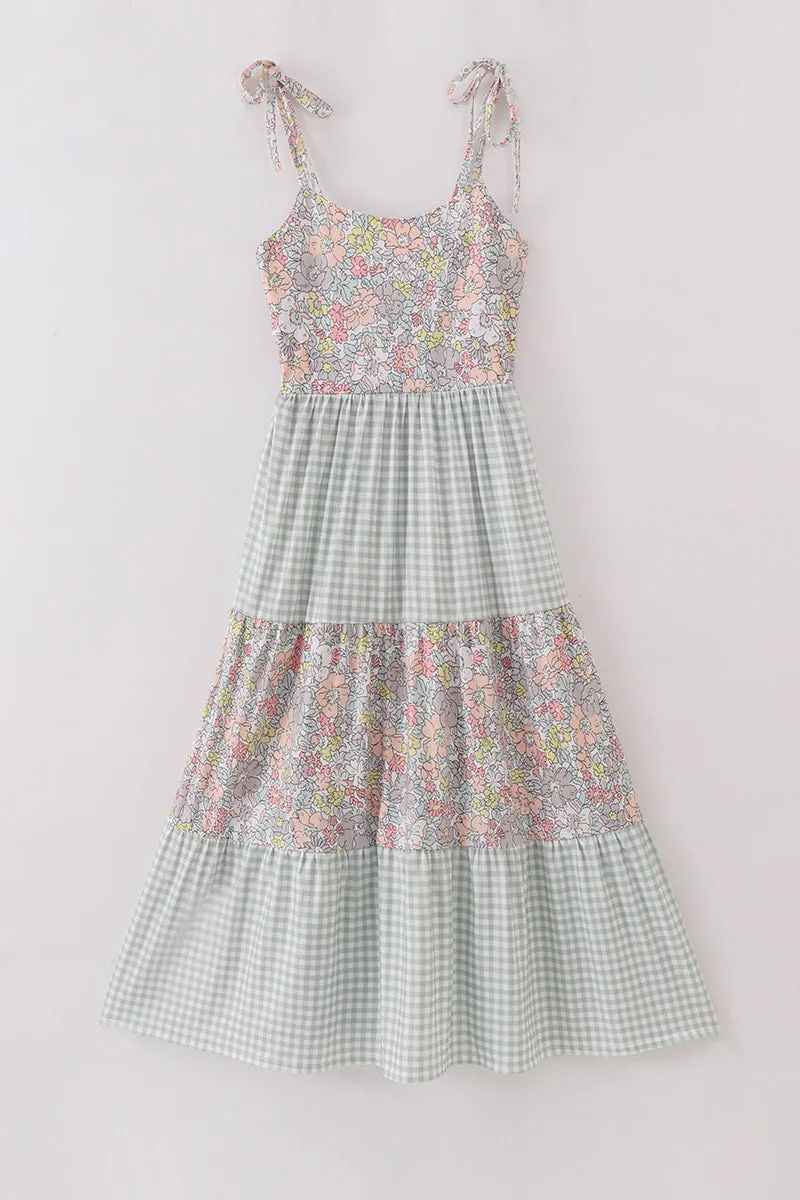 Sage Pastel Floral Harmony Mom&me Gingham Dress