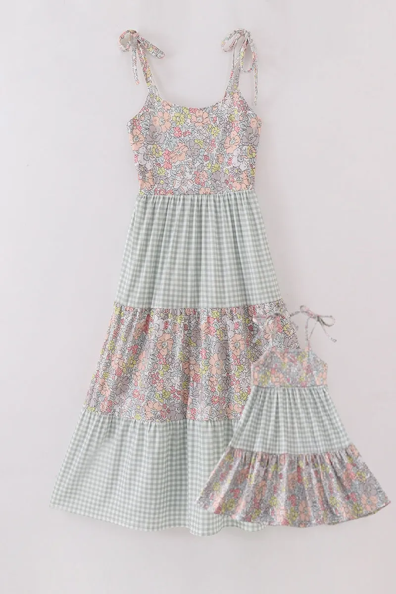 Sage Pastel Floral Harmony Mom&me Gingham Dress