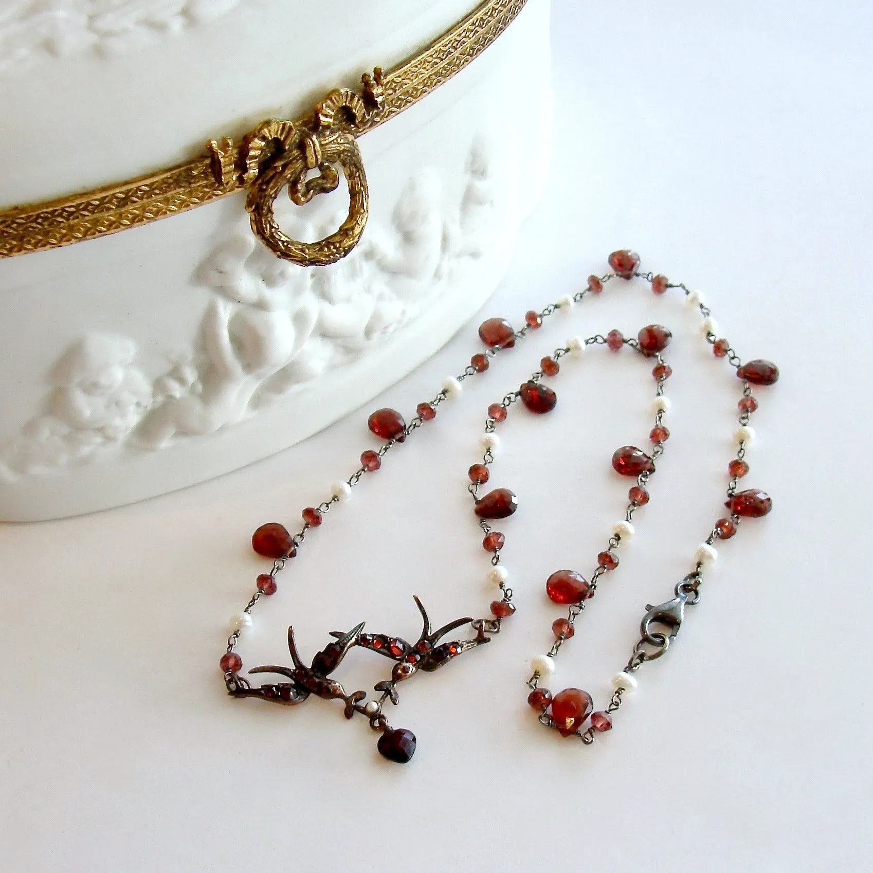 Saint Esprit Victorian Style Garnet Doves Necklace - Ava Necklace