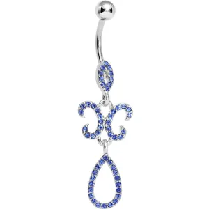 Sapphire Blue Gem Crystalline Fleur di Lis Teardrop Double Dangle Belly Ring