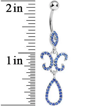 Sapphire Blue Gem Crystalline Fleur di Lis Teardrop Double Dangle Belly Ring