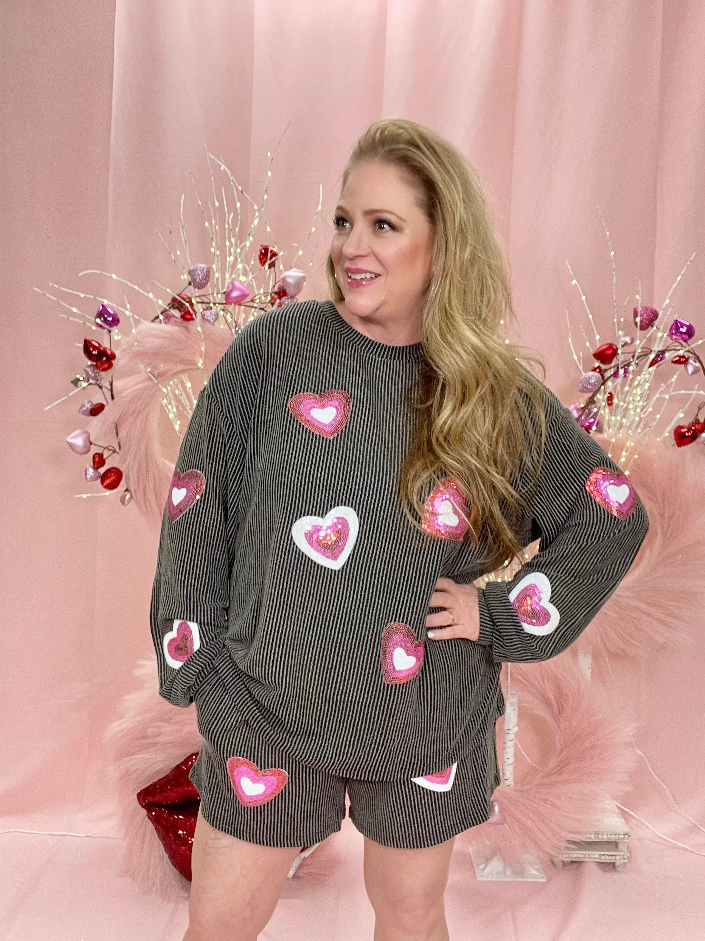Sequin Heart Valentine Graphic Corded Pajama Set