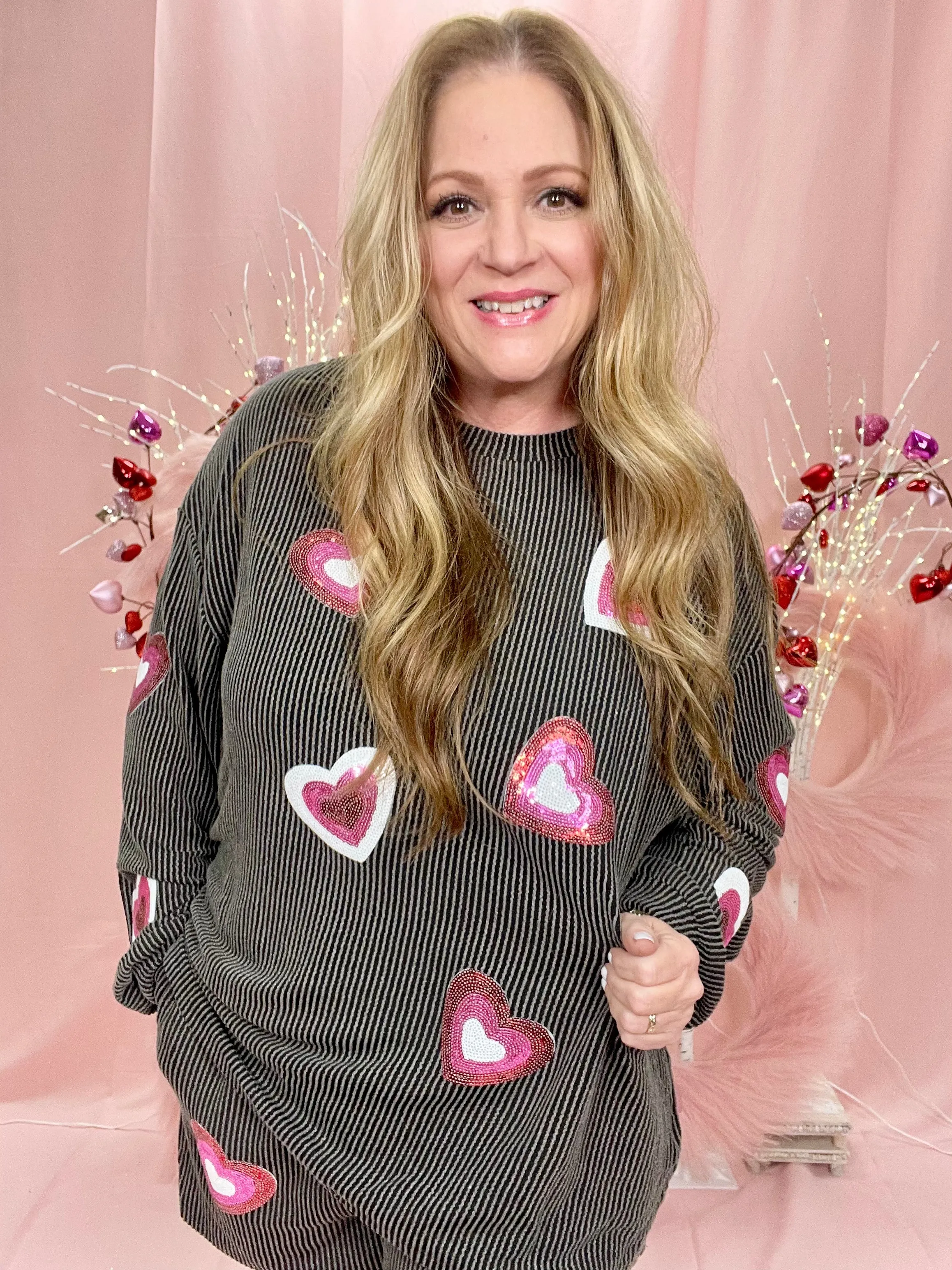 Sequin Heart Valentine Graphic Corded Pajama Set