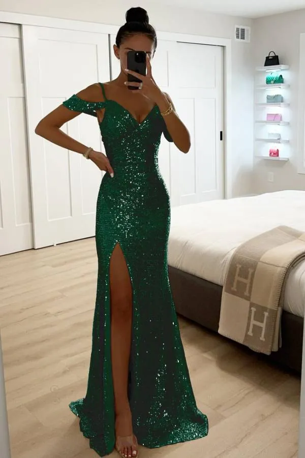 Sequin Lace Mermaid Prom Dresses with Slit Off the Shoulder Evening Dress