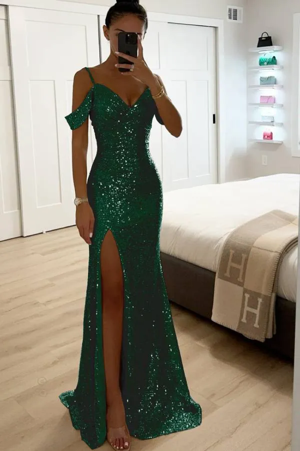 Sequin Lace Mermaid Prom Dresses with Slit Off the Shoulder Evening Dress