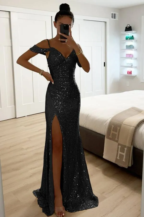 Sequin Lace Mermaid Prom Dresses with Slit Off the Shoulder Evening Dress