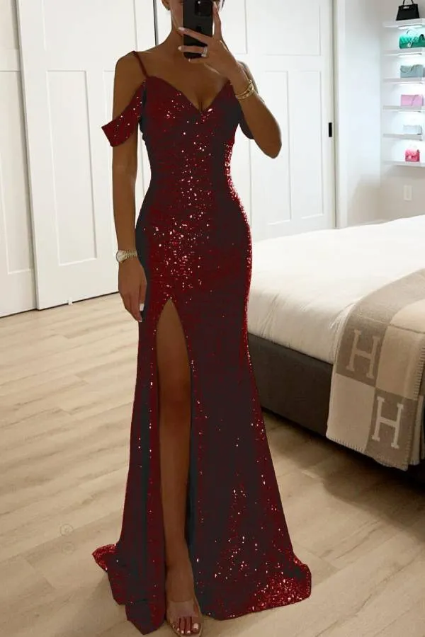 Sequin Lace Mermaid Prom Dresses with Slit Off the Shoulder Evening Dress