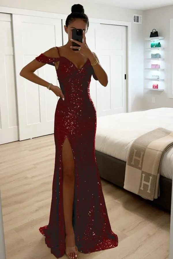Sequin Lace Mermaid Prom Dresses with Slit Off the Shoulder Evening Dress