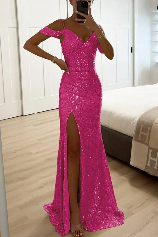 Sequin Lace Mermaid Prom Dresses with Slit Off the Shoulder Evening Dress