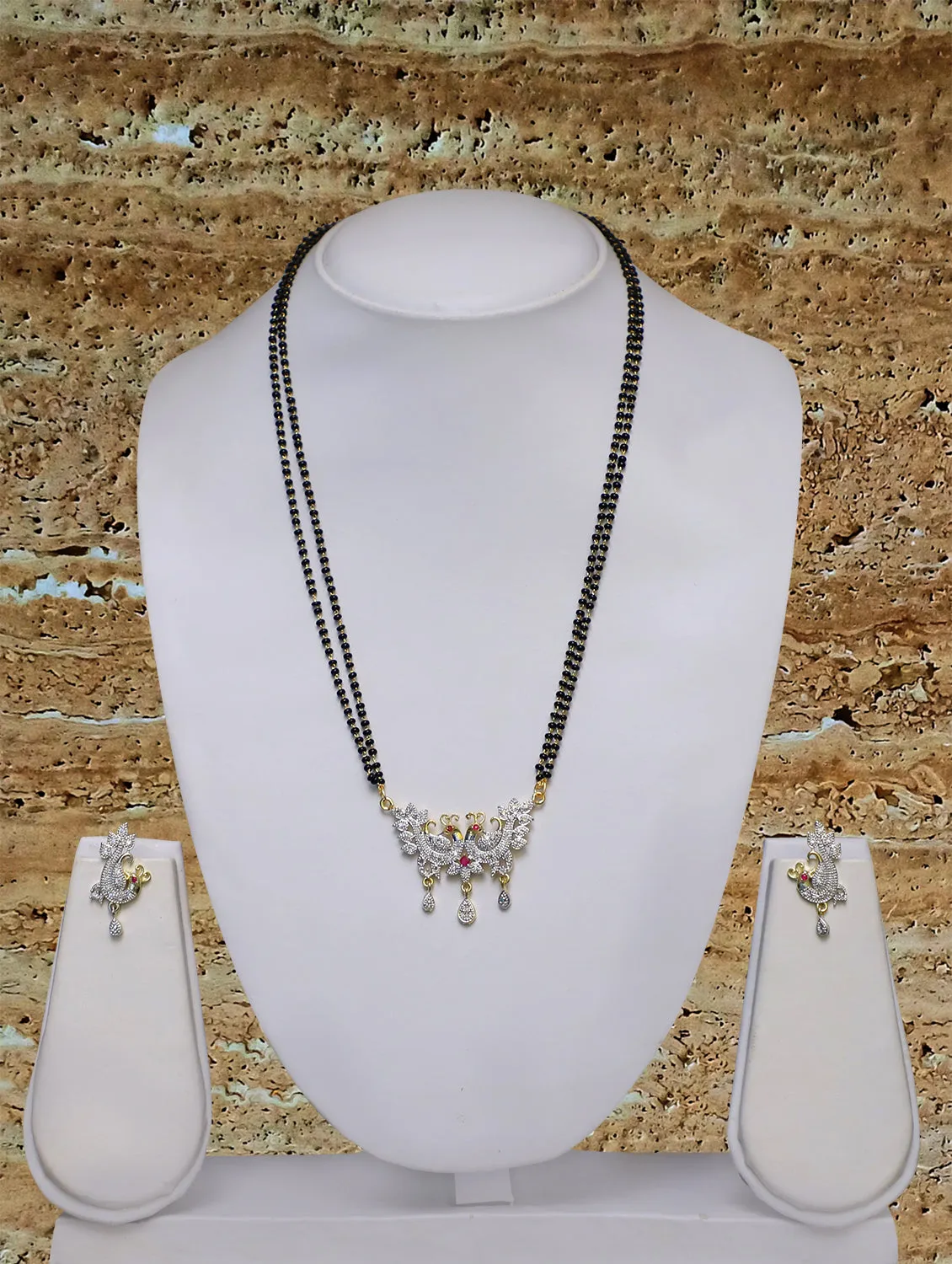 Short Mangalsutra Designs Gold Plated Latest American Diamond Peacock Pendant 19 Inches Mangalsutra & Earrings