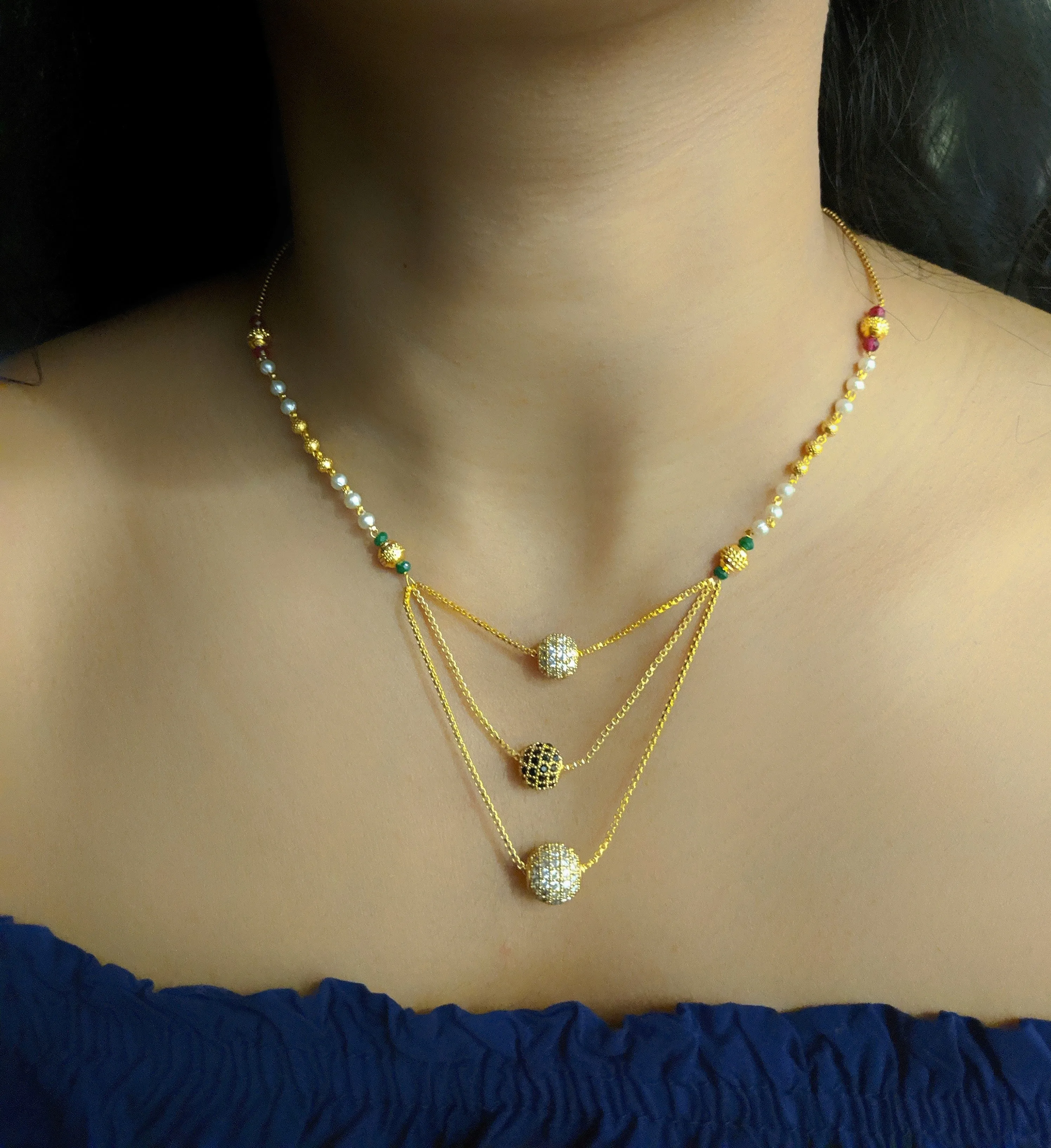 Short Necklace Designs Gold Plated Latest Diamond Round Balls 3 Layer Necklace