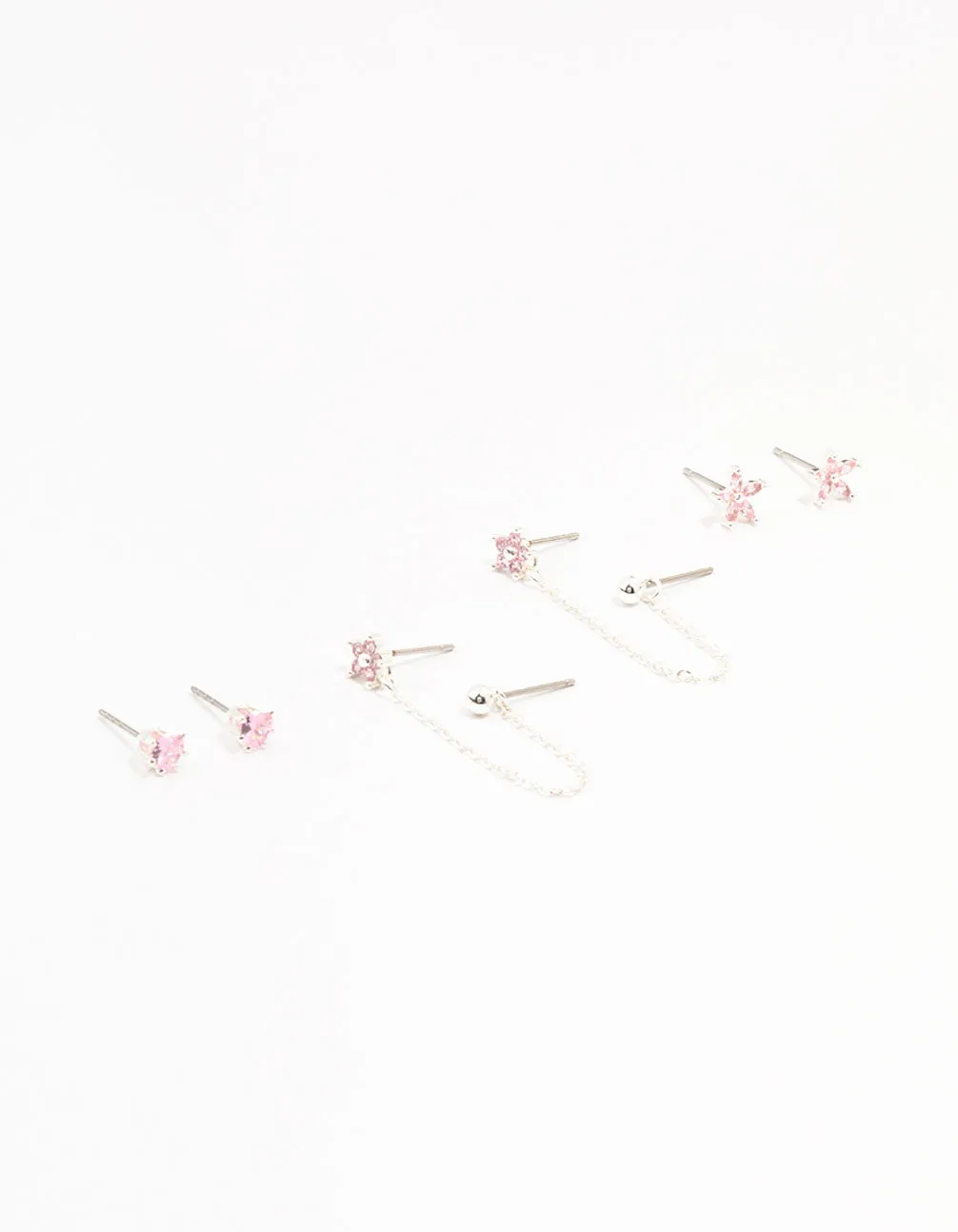 Silver Plated Brass  Heart Flower Chain Earrings 3-Pack
