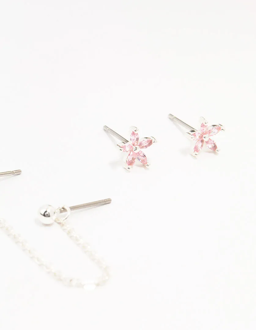 Silver Plated Brass  Heart Flower Chain Earrings 3-Pack