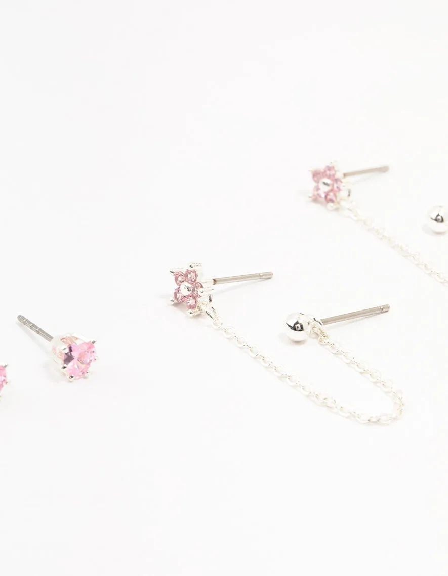 Silver Plated Brass  Heart Flower Chain Earrings 3-Pack