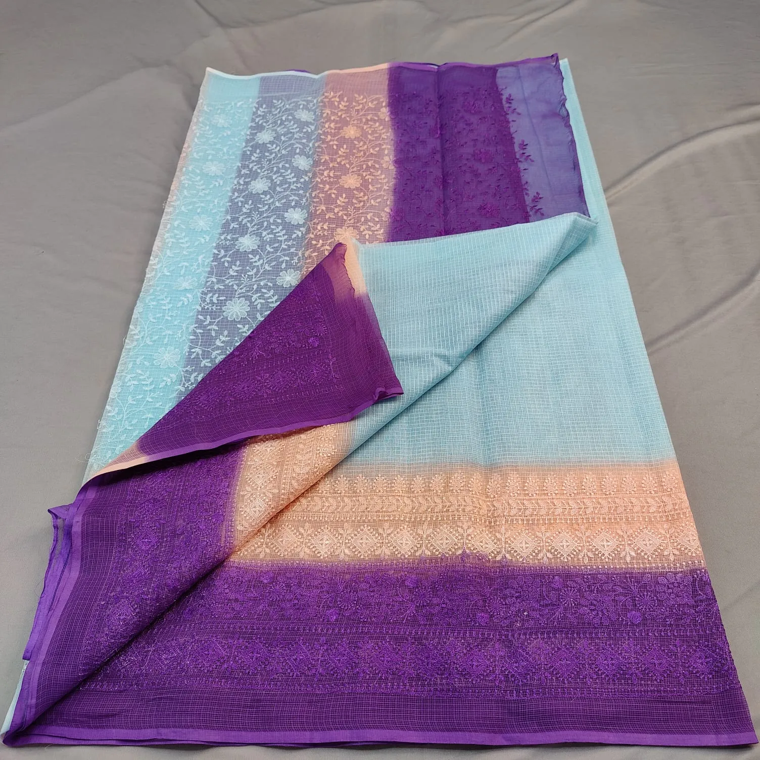 Sky Blue And Purple Cotton Kota Doria Saree