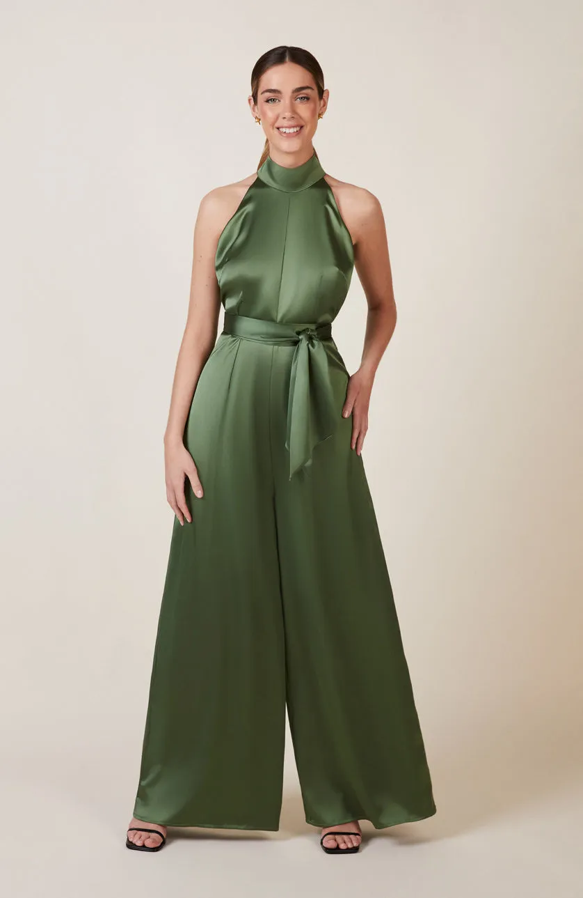 Soho Jumpsuit in Olive Green Satin