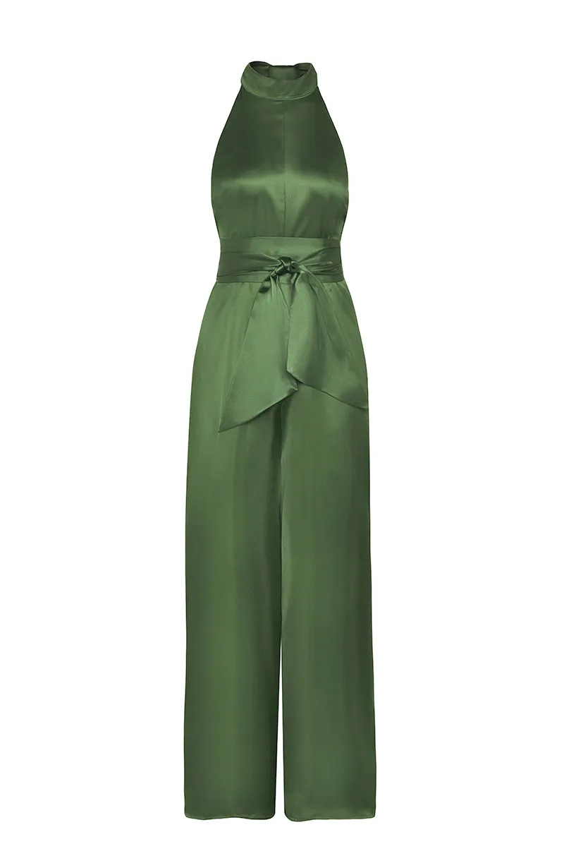 Soho Jumpsuit in Olive Green Satin