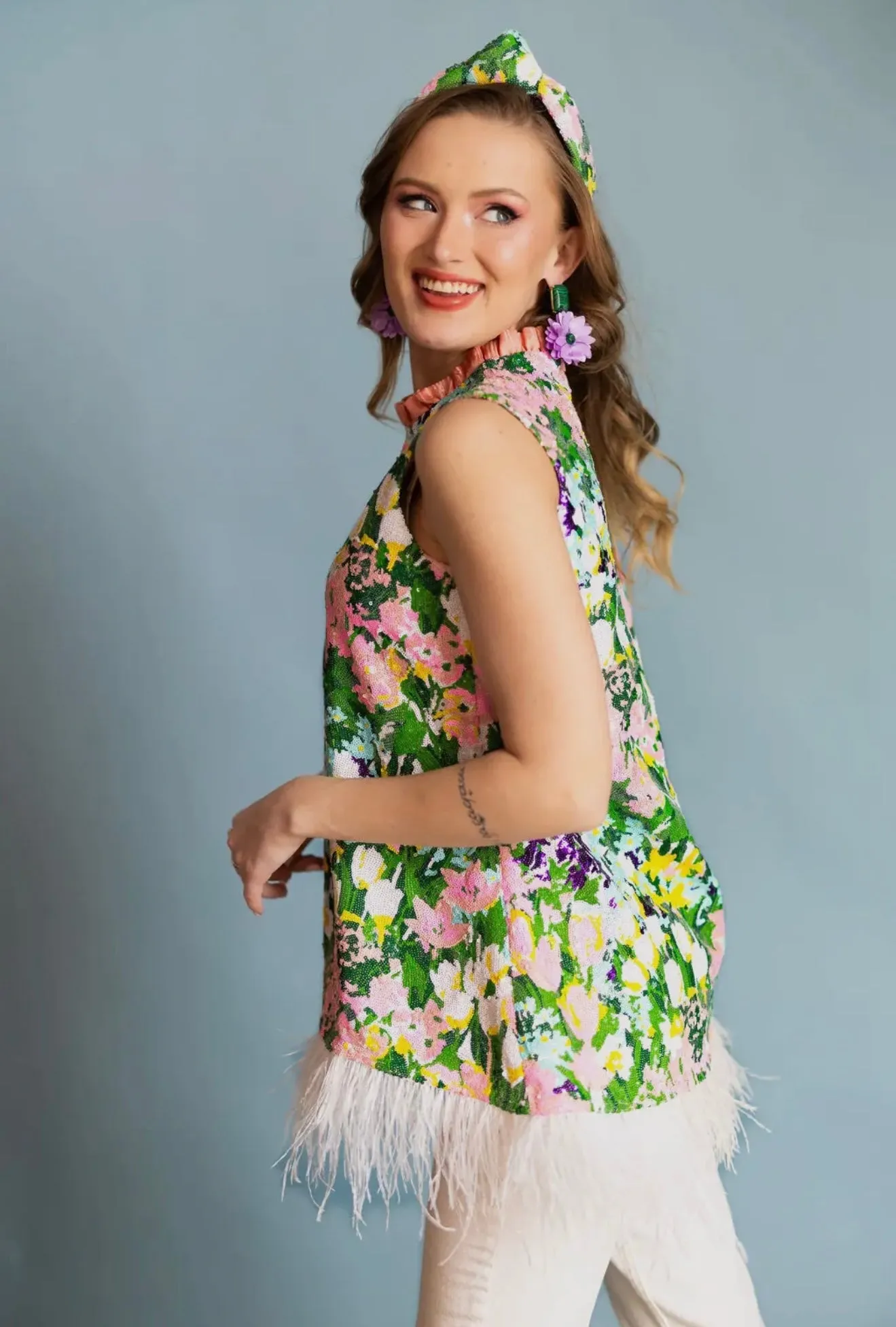 Sparkling Blossoms Tunic with Feathers