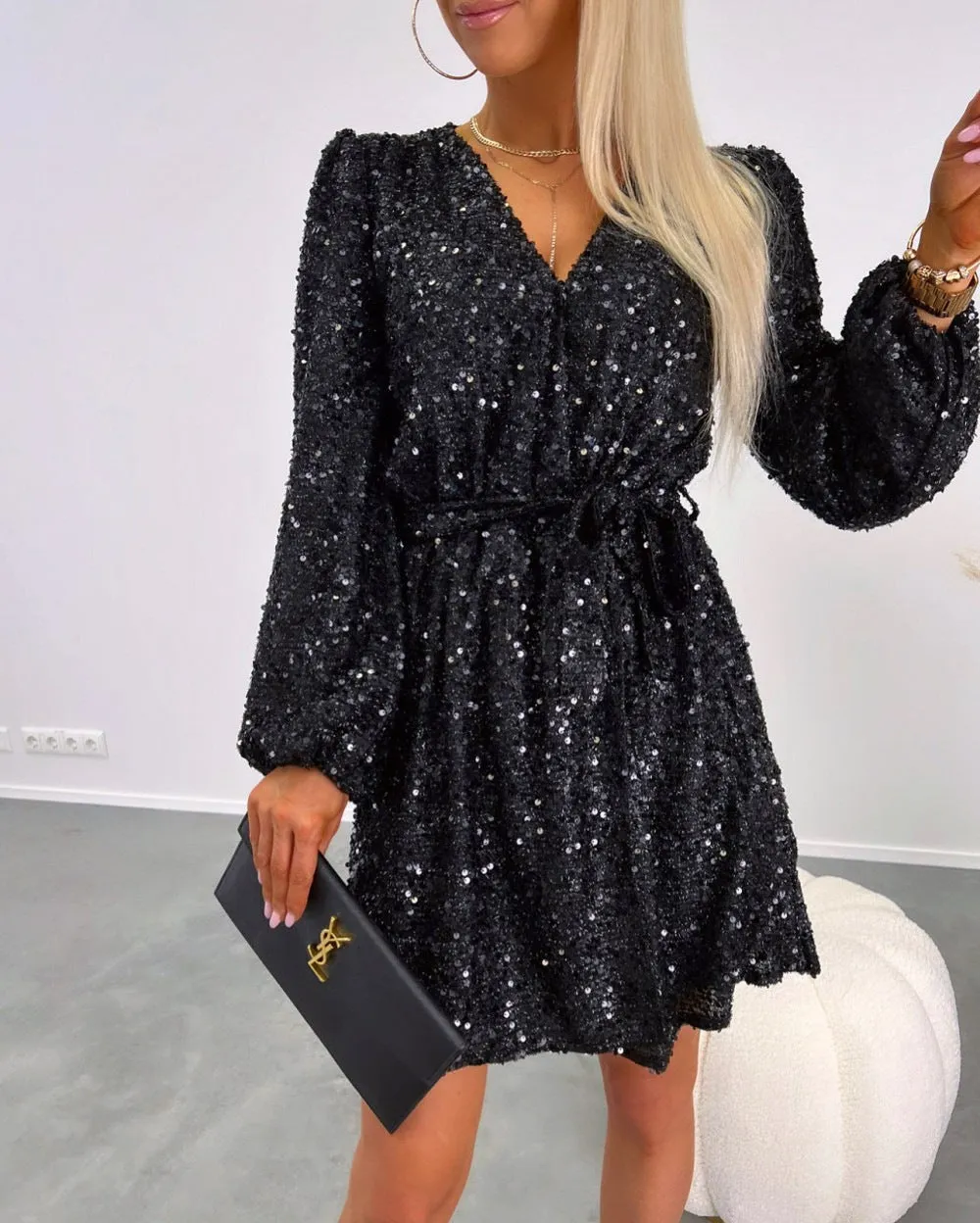 Sparkling V-Neck Sequin Dress with Slim Waist Tie and Low Back for Night Out Glamour