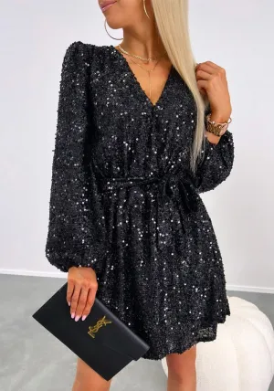 Sparkling V-Neck Sequin Dress with Slim Waist Tie and Low Back for Night Out Glamour