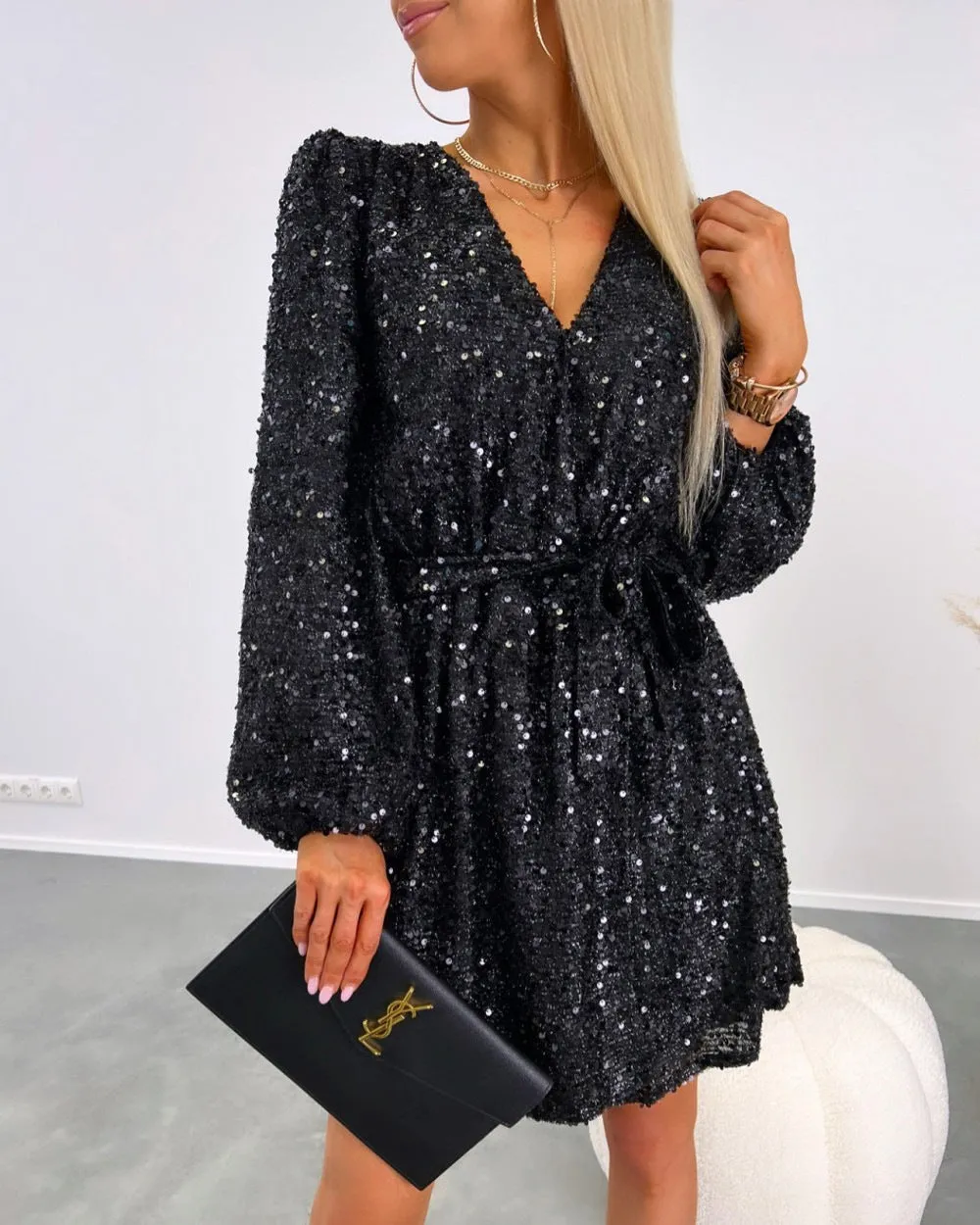 Sparkling V-Neck Sequin Dress with Slim Waist Tie and Low Back for Night Out Glamour