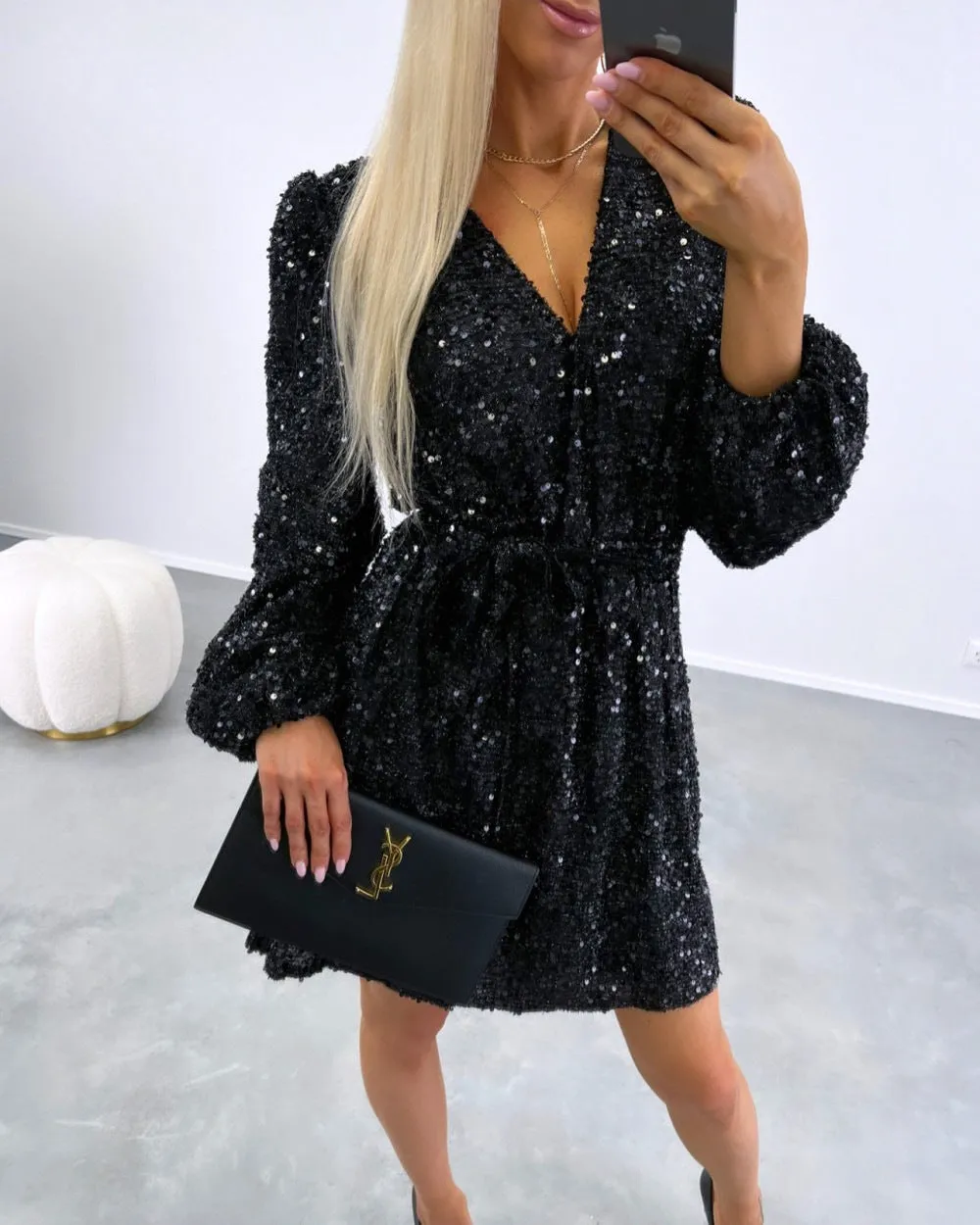 Sparkling V-Neck Sequin Dress with Slim Waist Tie and Low Back for Night Out Glamour
