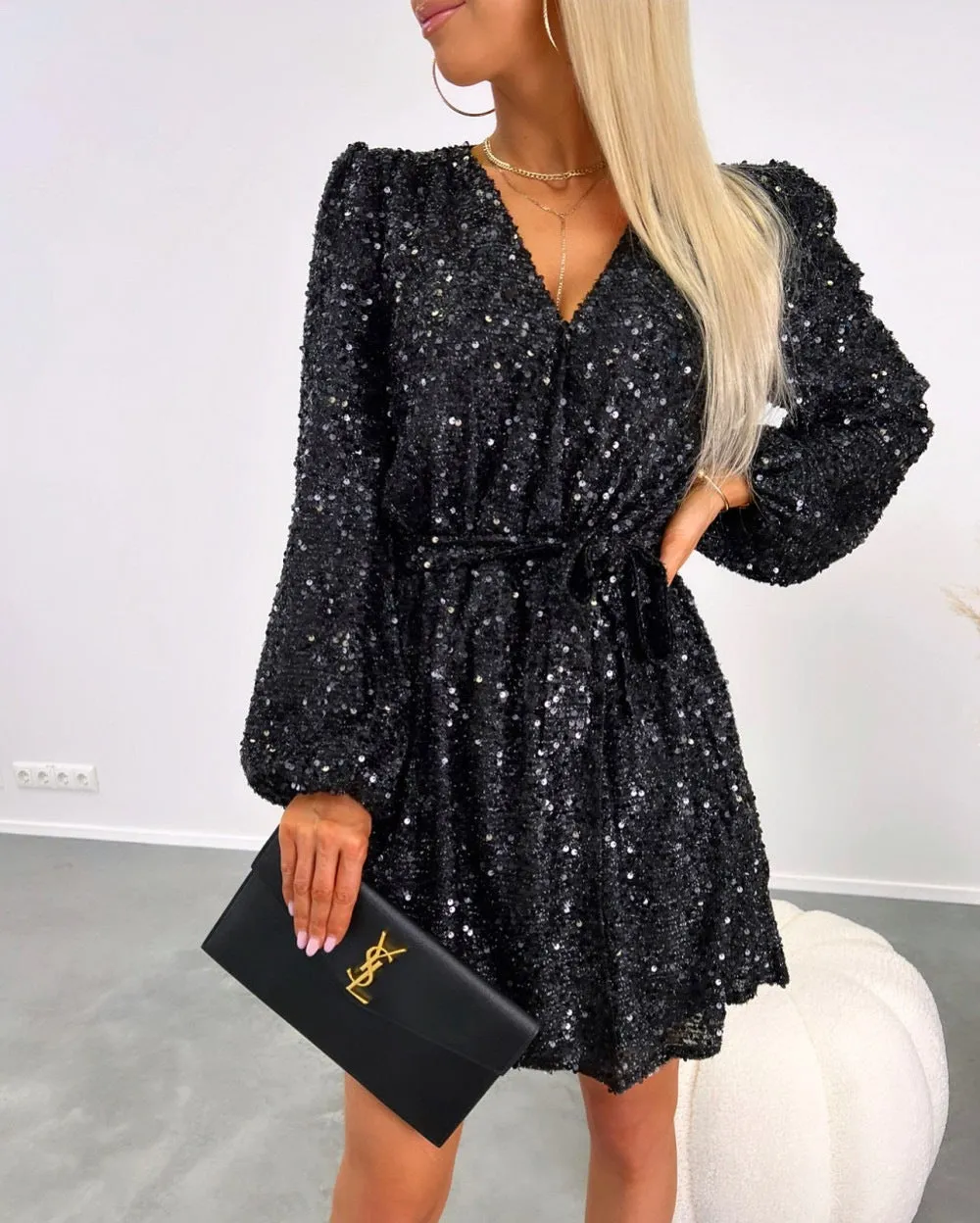 Sparkling V-Neck Sequin Dress with Slim Waist Tie and Low Back for Night Out Glamour