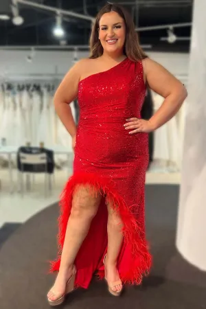 Sparkly One Shoulder Burgundy Plus Size Prom Dresses 2024 Sequins Long with Feathers