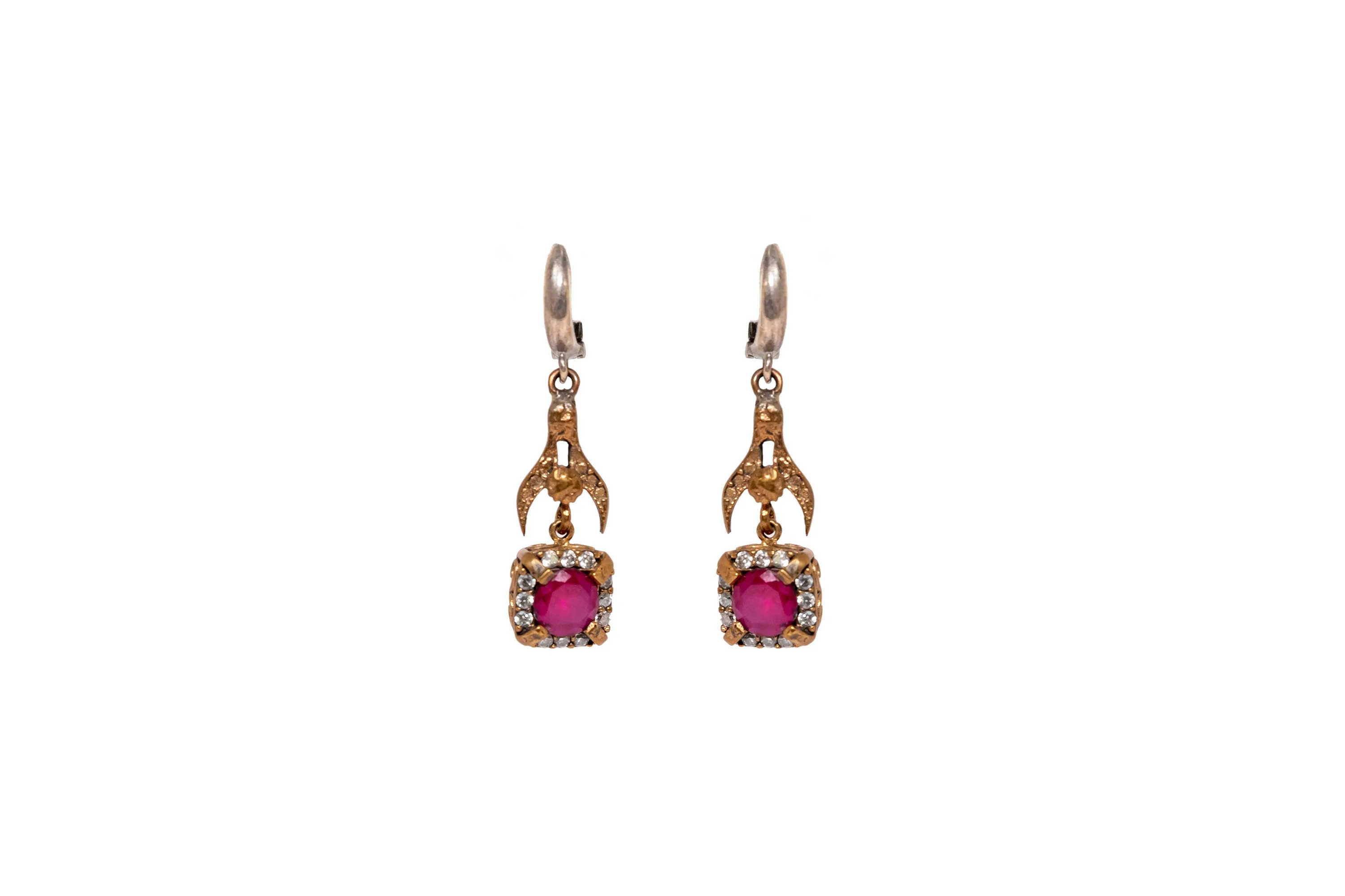 Square Ruby Red Stone Dangle Earrings