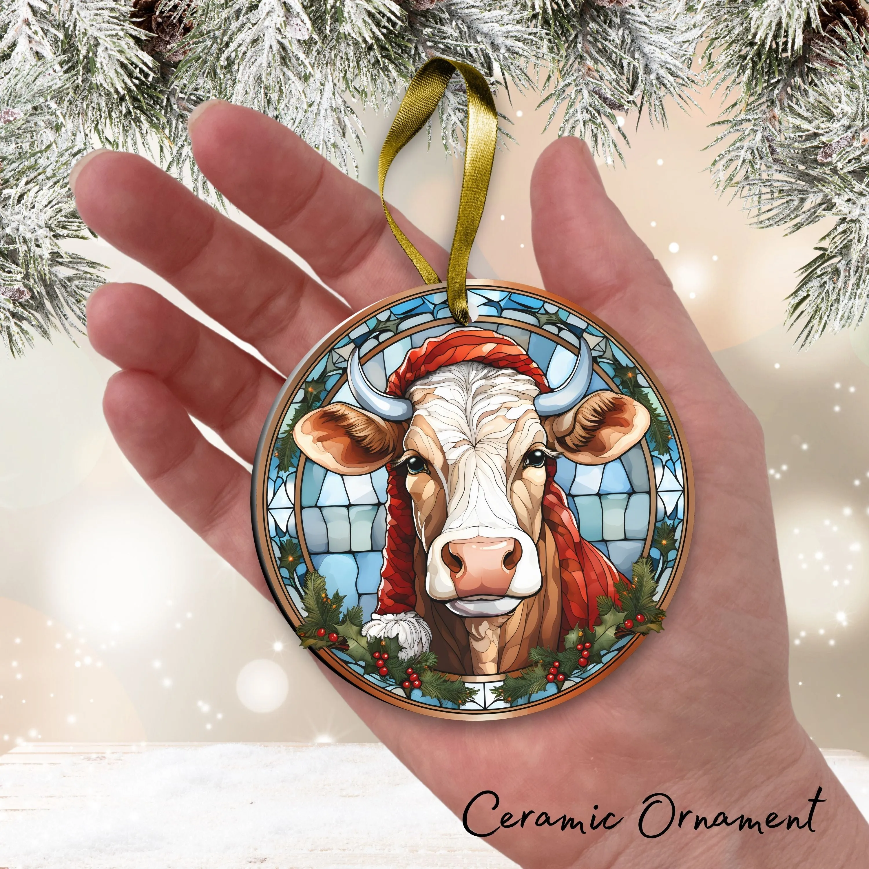 Stained Glass Farmhouse Christmas Animal Ceramic Ornament 71-04
