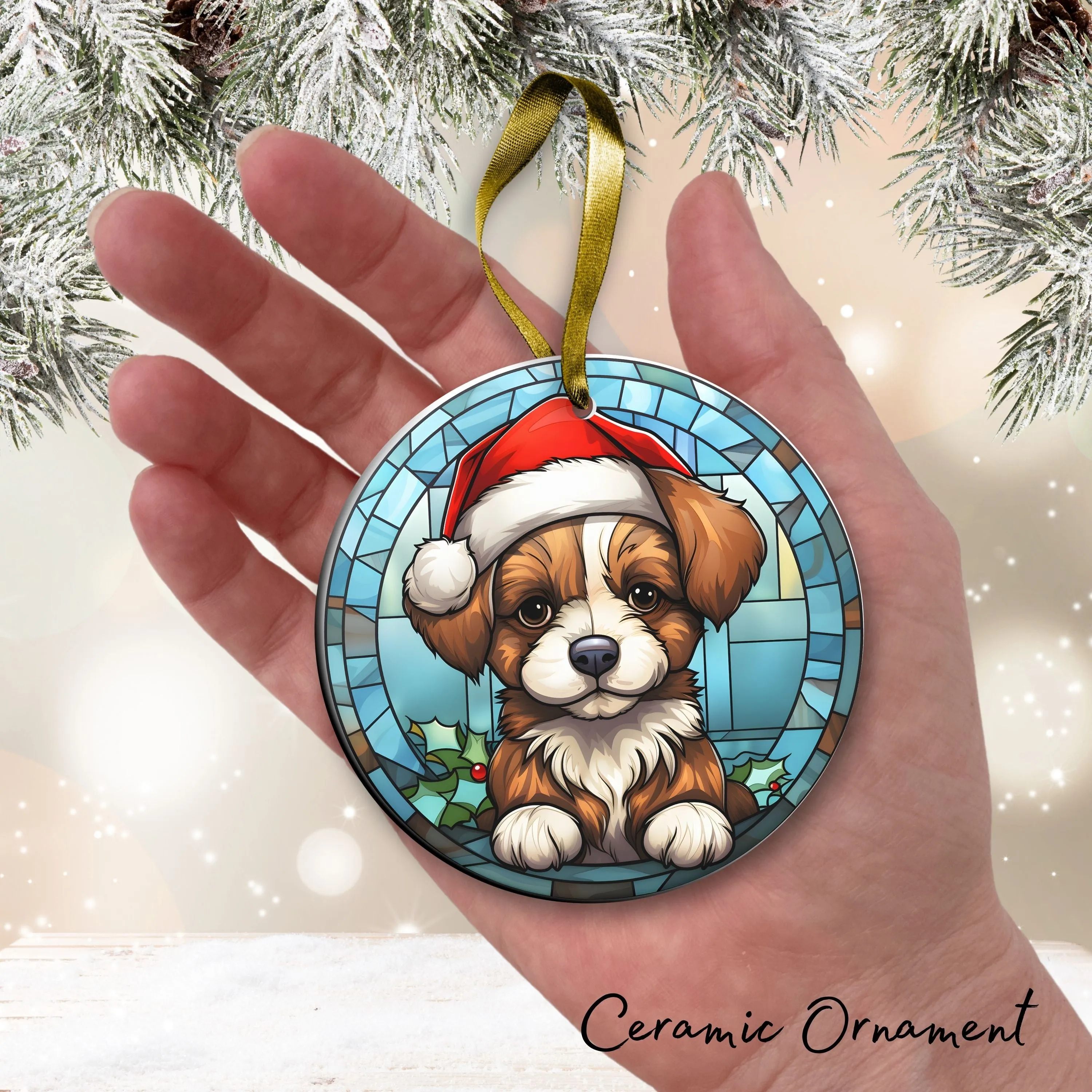 Stained Glass Farmhouse Christmas Animal Ceramic Ornament 71-13