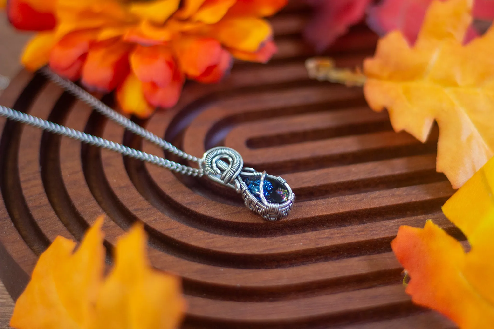 Sterling Silver Teardrop Pendant with Dichroic Blue and Black Fused Glass
