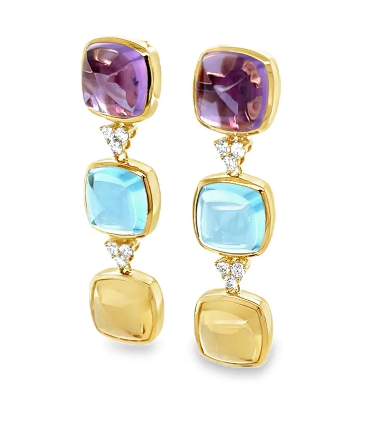Swiss Blue Topaz, Amethyst and Citrine Sugarloaf Cabochon Earrings in 14k Gold