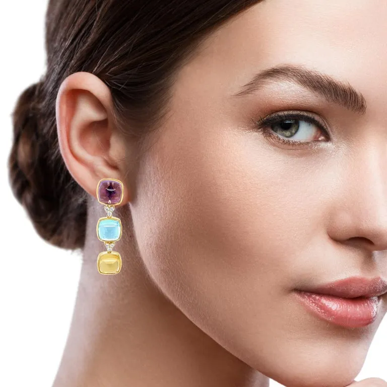Swiss Blue Topaz, Amethyst and Citrine Sugarloaf Cabochon Earrings in 14k Gold