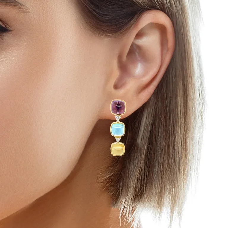 Swiss Blue Topaz, Amethyst and Citrine Sugarloaf Cabochon Earrings in 14k Gold