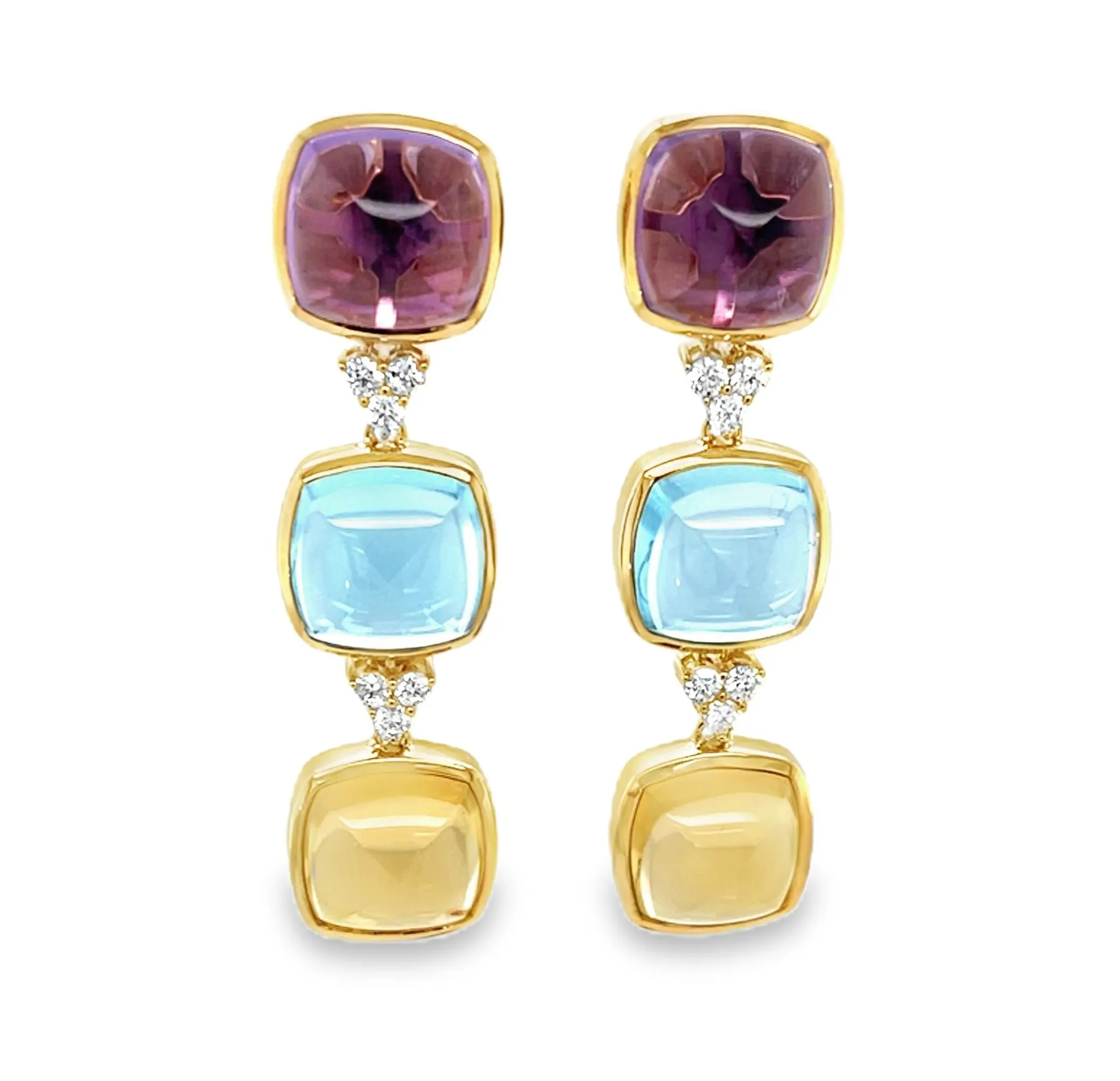 Swiss Blue Topaz, Amethyst and Citrine Sugarloaf Cabochon Earrings in 14k Gold