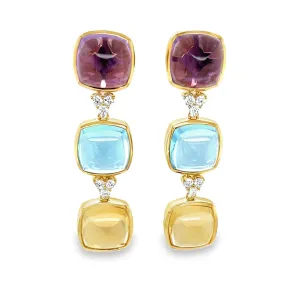 Swiss Blue Topaz, Amethyst and Citrine Sugarloaf Cabochon Earrings in 14k Gold
