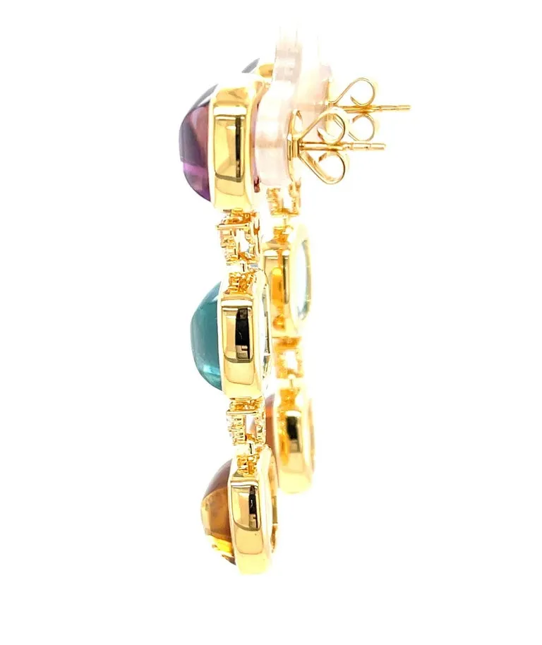 Swiss Blue Topaz, Amethyst and Citrine Sugarloaf Cabochon Earrings in 14k Gold