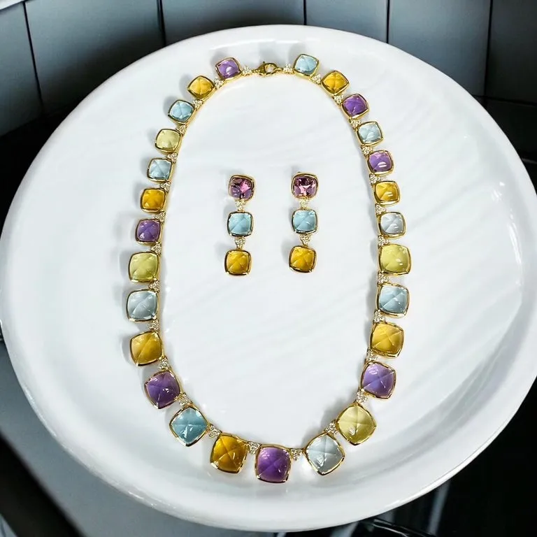 Swiss Blue Topaz, Amethyst and Citrine Sugarloaf Cabochon Earrings in 14k Gold