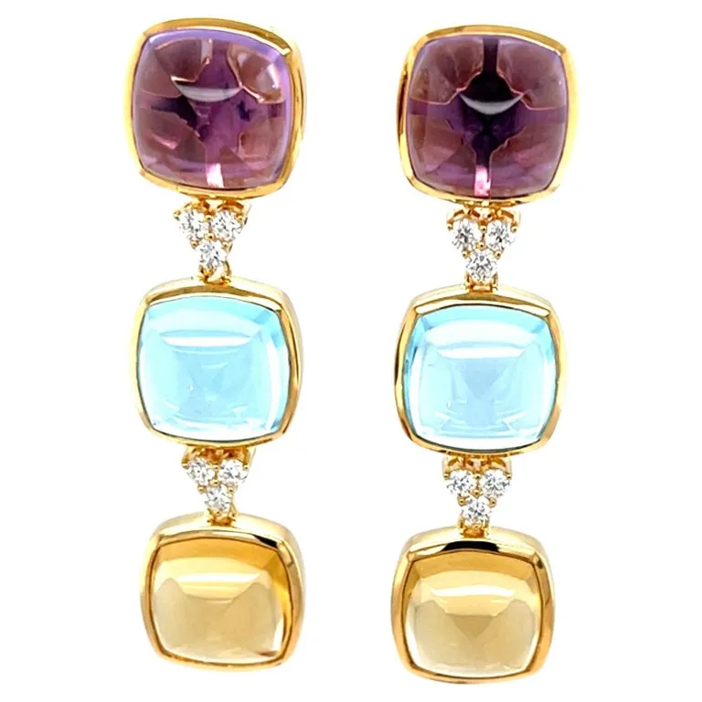 Swiss Blue Topaz, Amethyst and Citrine Sugarloaf Cabochon Earrings in 14k Gold