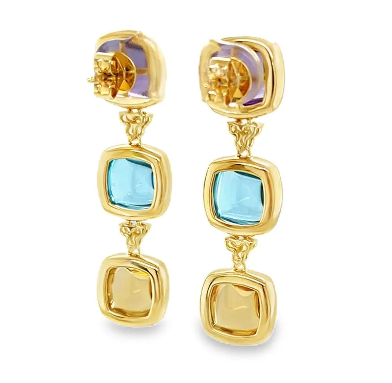 Swiss Blue Topaz, Amethyst and Citrine Sugarloaf Cabochon Earrings in 14k Gold
