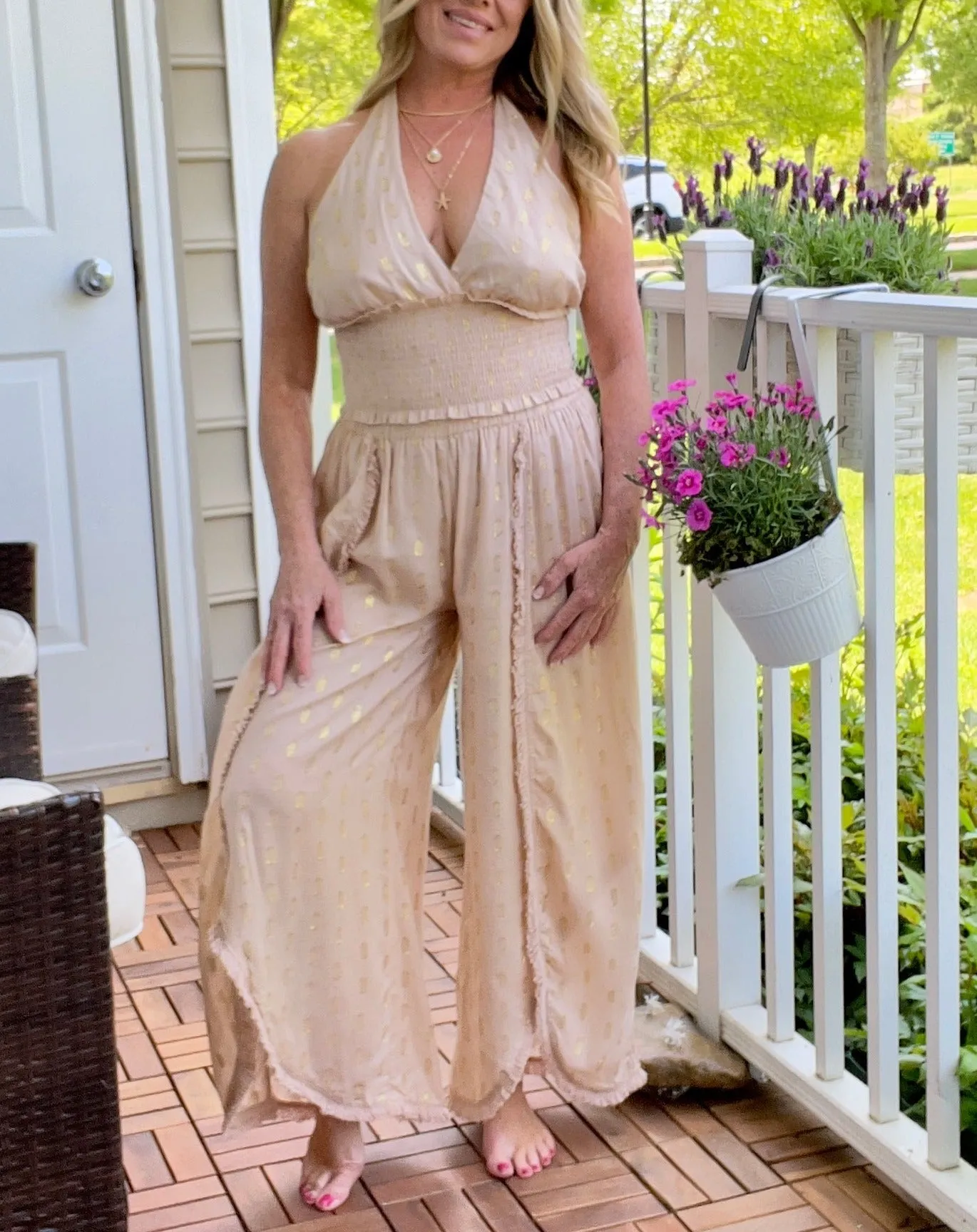 Tan Fringe Hem Scallop Pants