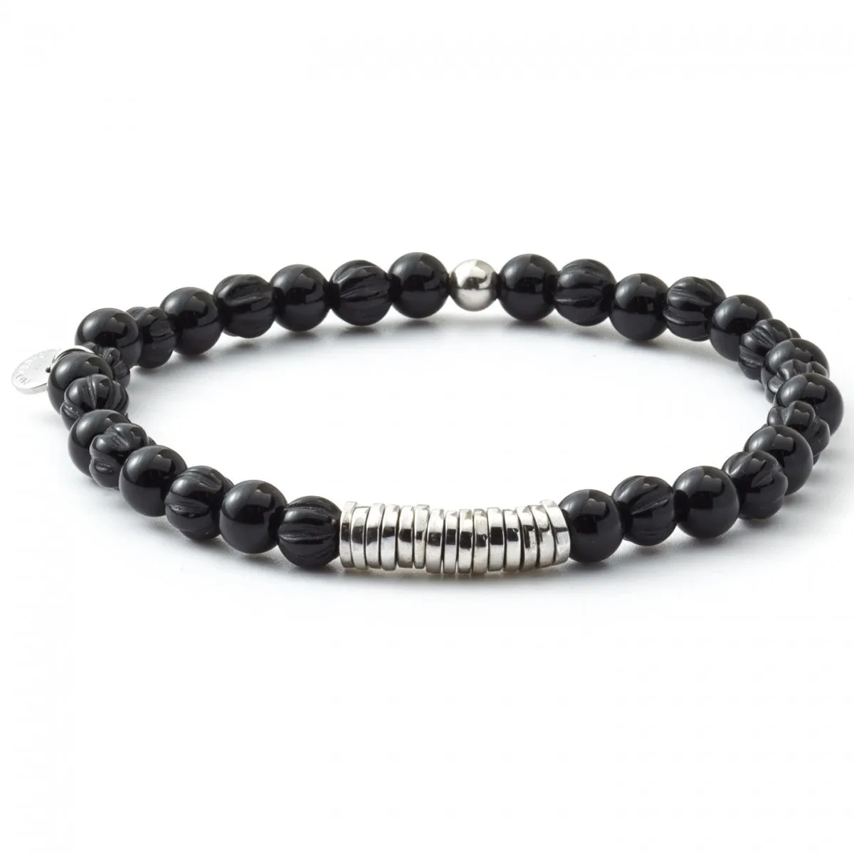Tateossian Silver and Onyx Disc Round Bracelet, Silver and Black