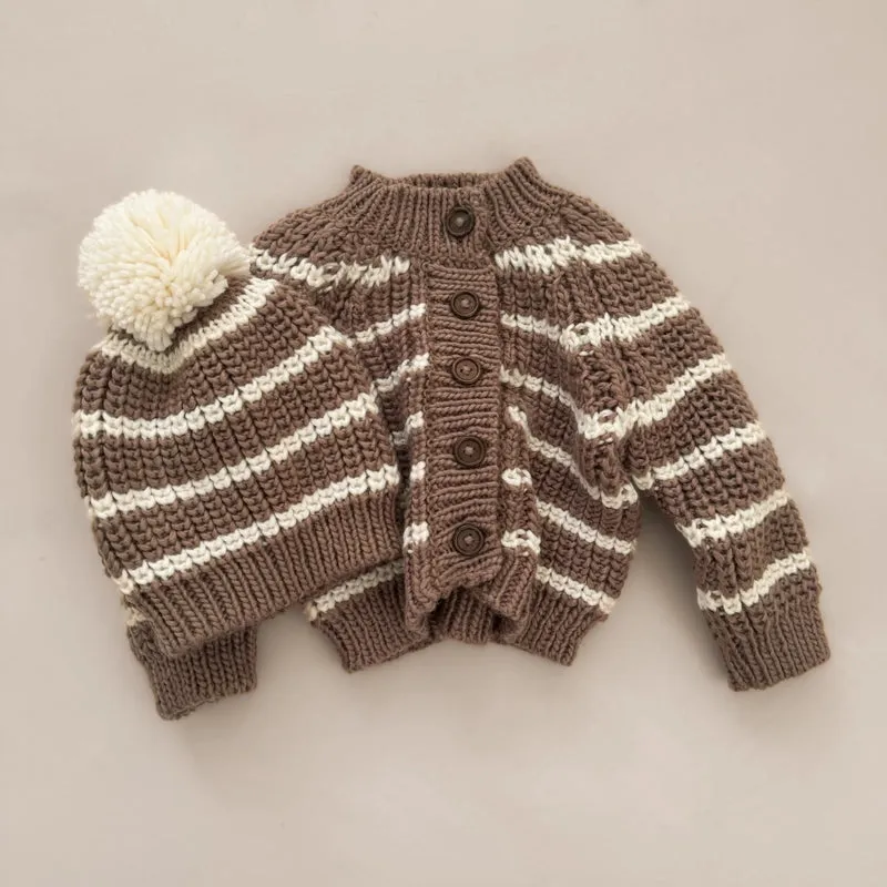 The Blueberry Hill - Rib Knit Stripe Cardigan - Tan