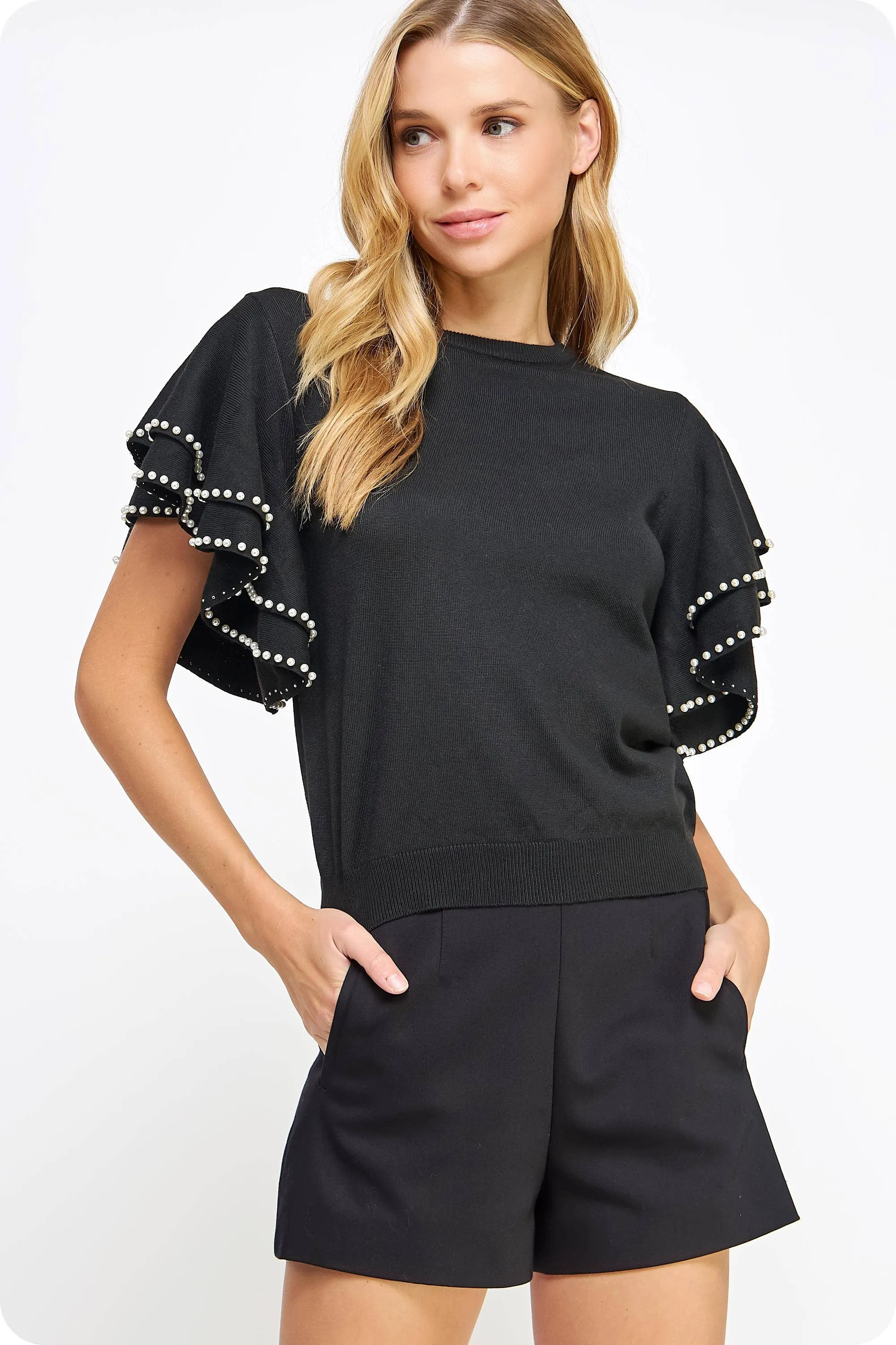 The Kindness Double Layer Pearl Trim Knit Sweater Top