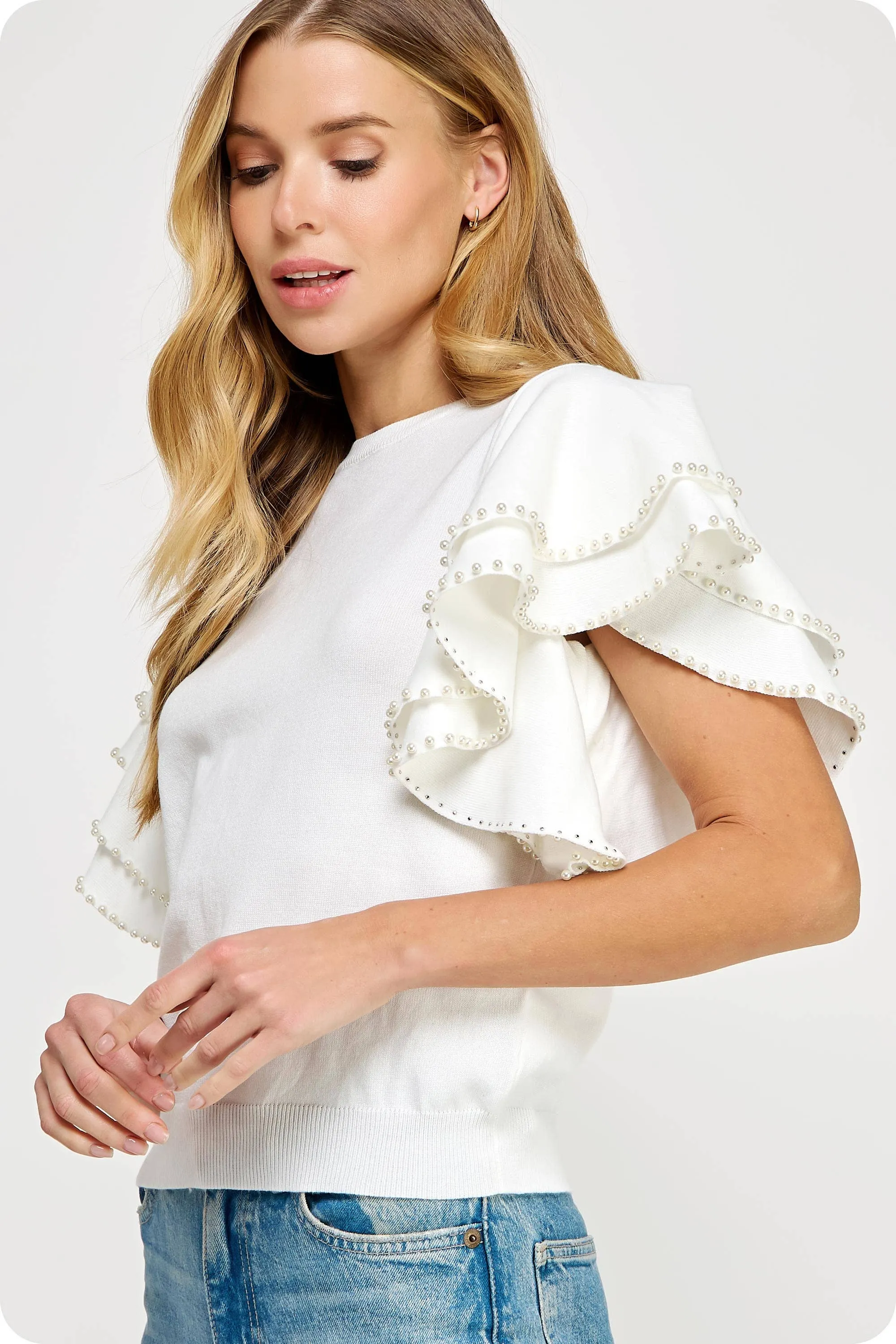 The Kindness Double Layer Pearl Trim Knit Sweater Top